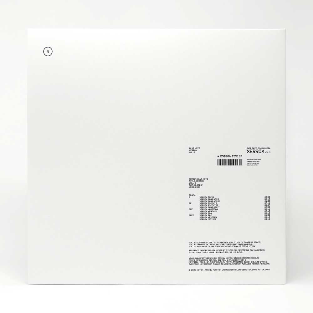 Alva Noto - Xerrox Vol. 5 (Vinyl 2LP). The back cover of a white square vinyl record cover features black printed tracklist text, a barcode, and the Xerrox logo, set against a clean white background.