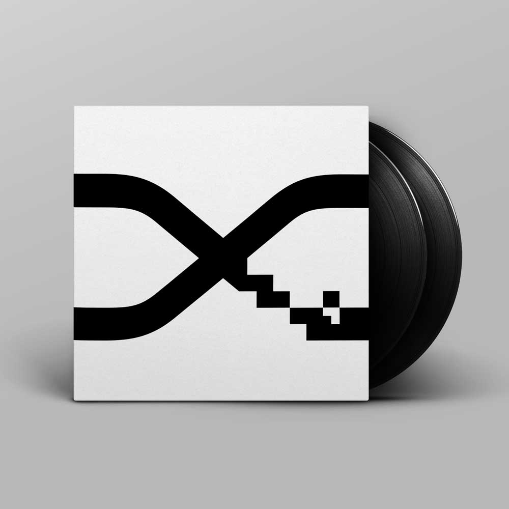 Alva Noto - Xerrox Vol. 5 (Vinyl 2LP) A vinyl record partially pulled from a square album sleeve with a minimalist black-and-white graphic design, shown on a light gray background.