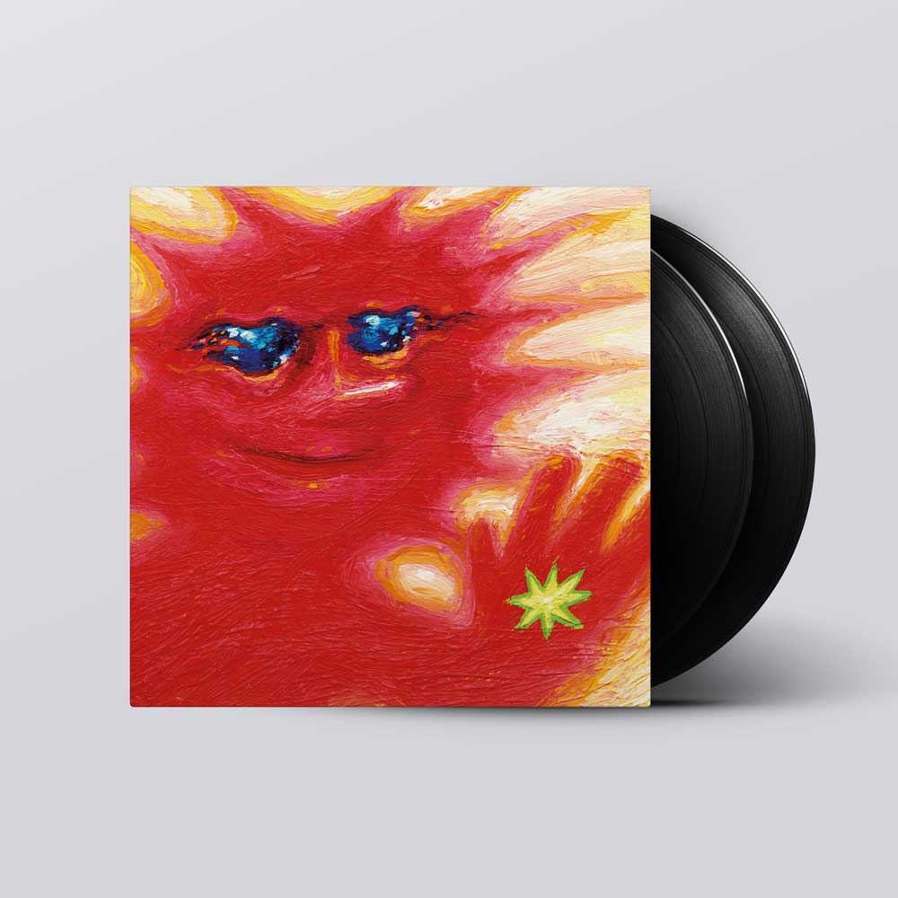 Black Country, New Road - Forever Howlong (Vinyl 2LP) A vinyl record partially pulled from its sleeve, showing a colorful abstract painting of a red sun-like face with blue eyes and a green flower on the cover, photographed on a light gray background.
