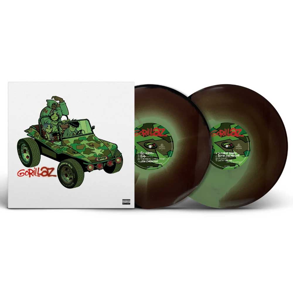 Gorillaz- Gorillaz (Vinyl 2LP - 3 Colour Limited Edition Hand Pressed) Gorillaz vinyl record album with the illustrated cover on the left and two coloured camouflaged pressed records partially visible on the right. The artwork shows a green camouflage dune buggy with a gorilla driver and red Gorillaz text on a white background.