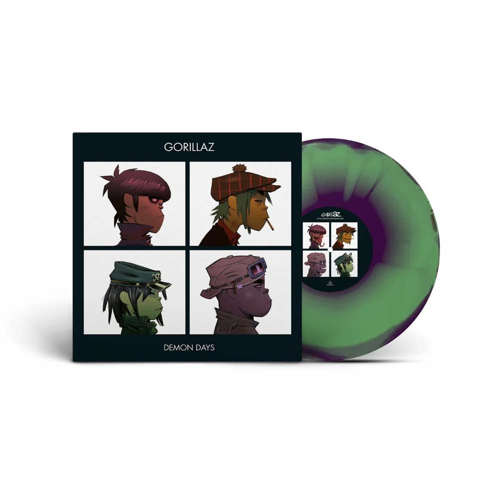Gorillaz - Demon Days (Vinyl LP - Green, Purple & Red, Limited Edition Hand Pressed) Gorillaz 'Demon Days' vinyl record album with the black square cover in front and a translucent green-and-purple record partially visible behind it on a white background.