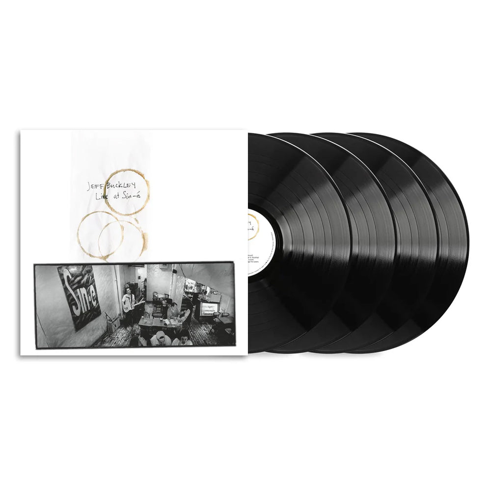 Jeff Buckley Live at Sin-e Box Set 4LP on Vinyl. Four black vinyl records with a white cover featuring a black and white photo and text.