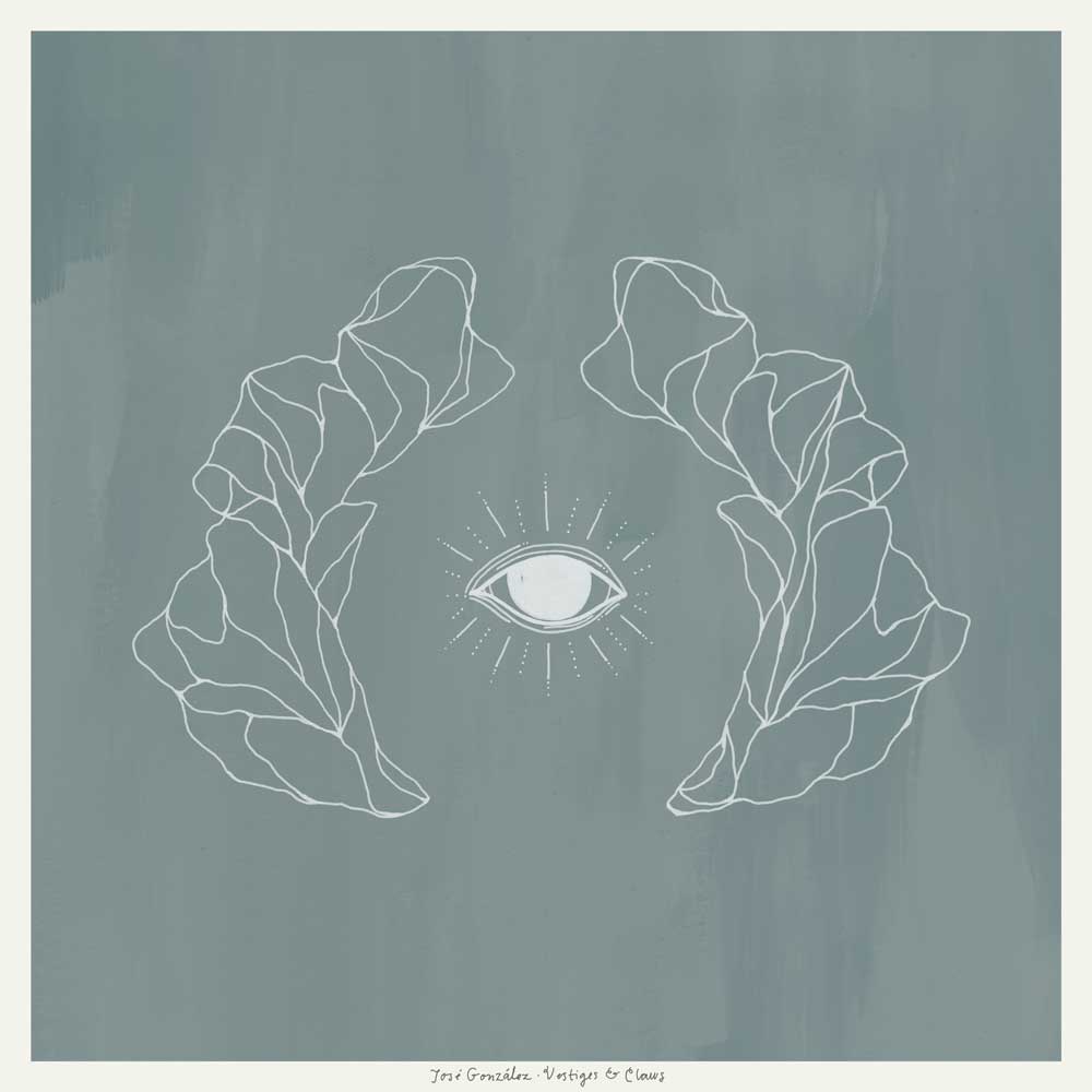 José González - Vestiges & Claws Vinyl LP Record cover with minimalist white line drawings of two leafy branches flanking a central eye with radiating dots