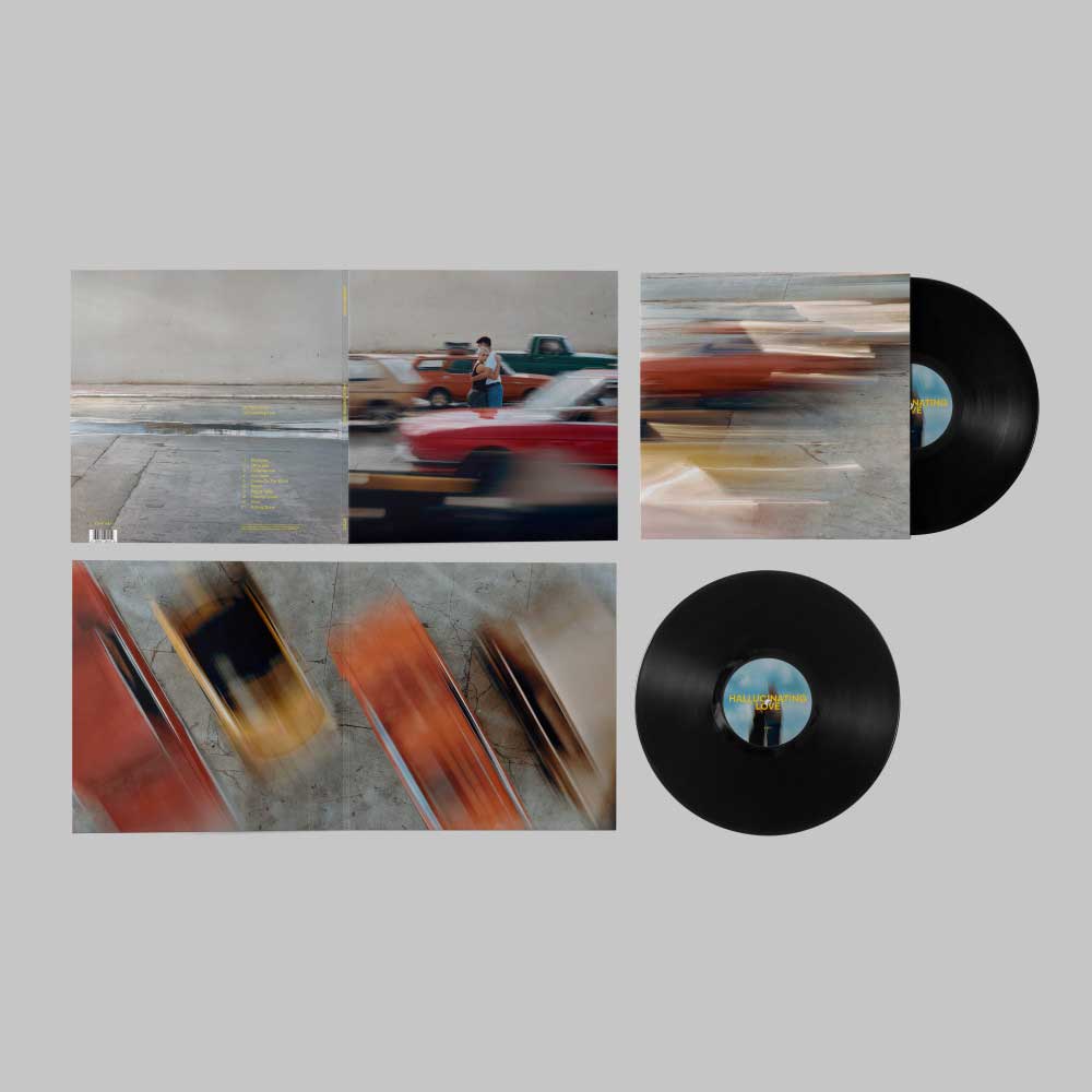 Maribou State - Hallucinating Love (Vinyl LP Gatefold) record album cover shown in a collage layout on a light gray background. The set includes a square album cover with abstract motion-blur imagery, a partially pulled black vinyl record, a second full black vinyl record, and another cropped view of the record emerging from the sleeve.