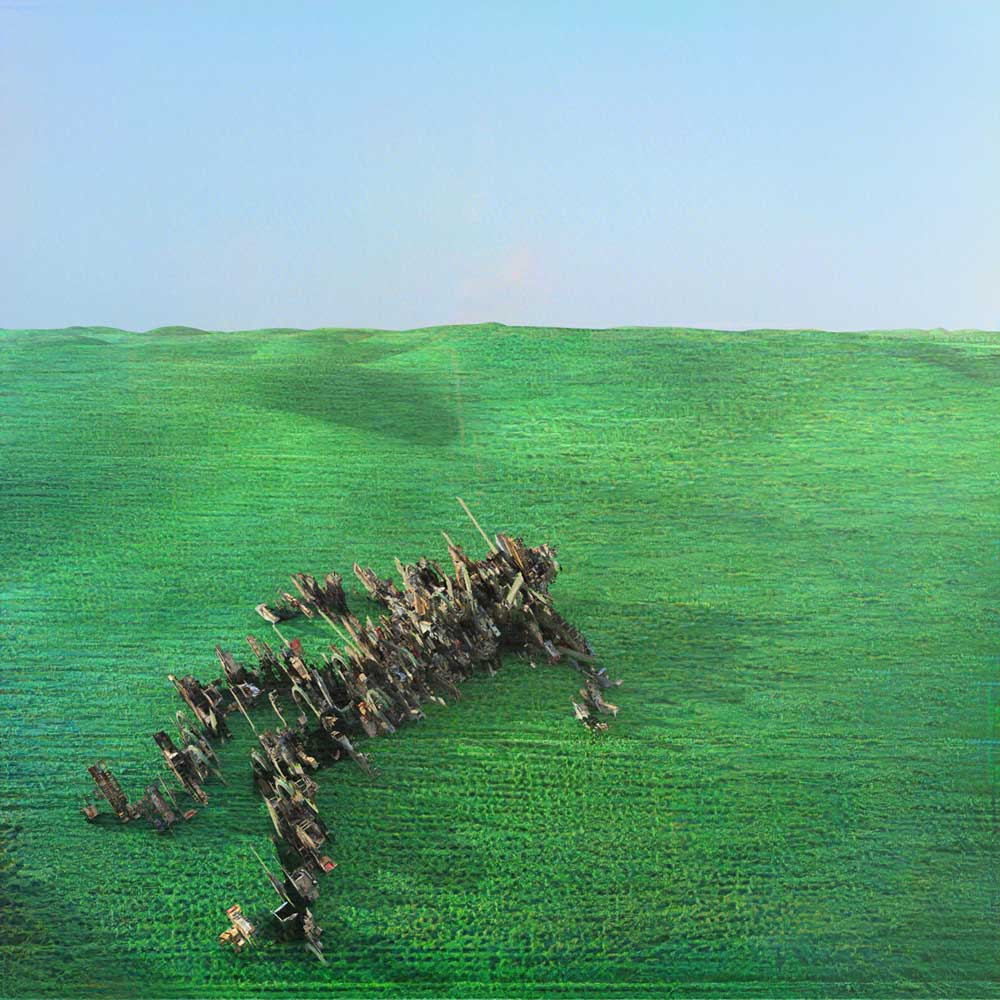 Squid - Bright Green Field (Vinyl 2LP) People arranged in the shape of a dinosaur on a green field with blue sky.