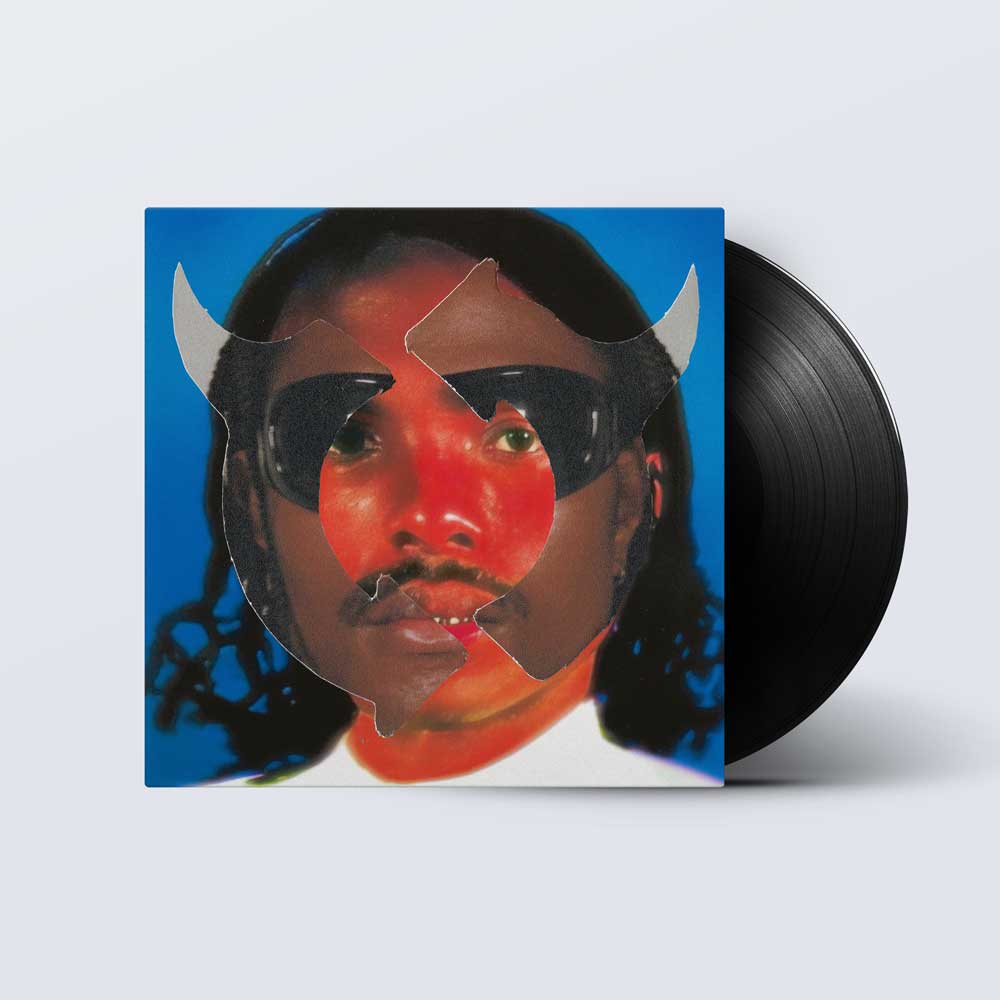 Steve Lacy - Gemini Rights (Vinyl LP) A vinyl record partially pulled from its sleeve, showing a stylized portrait of a man with black horns against a bright blue background. The record itself is black and sits behind the sleeve on a light gray studio background.