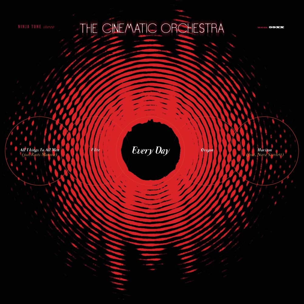 Album cover art for 'Every Day' by The Cinematic Orchestra, featuring a bold red concentric circle pattern on a black background with white text.