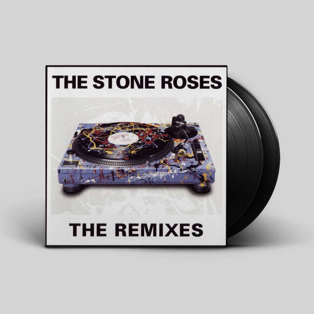 The Stone Roses - The Remixes (Vinyl 2lp) Vinyl record album cover for 'The Stone Roses - The Remixes' with the black record partially visible behind the square cover on a light gray background.