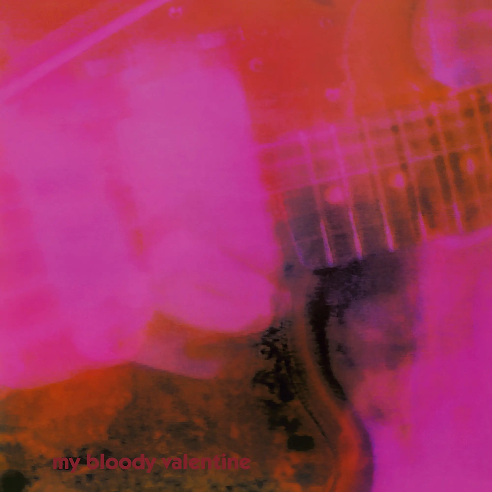 My Bloody Valentine Loveless album cover, a guitar washed in pink and red blur