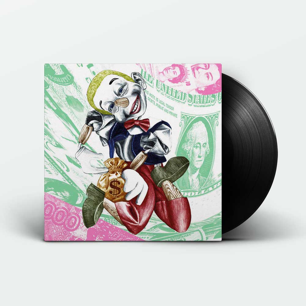 Adrian Sherwood - The Collapse of Everything (Vinyl LP) A vinyl record partially visible behind its illustrated album cover, featuring a stylised clown character in a suit holding a money bag over a background of green and pink currency designs.