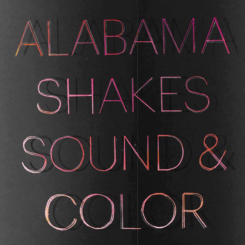 Alabama Shakes - Sound & Color (Vinyl 2LP Deluxe Edition Red / Black Splatter) Record album cover for 'Alabama Shakes Sound & Color' featuring the title in stylized, textured pink and orange lettering on a black background.