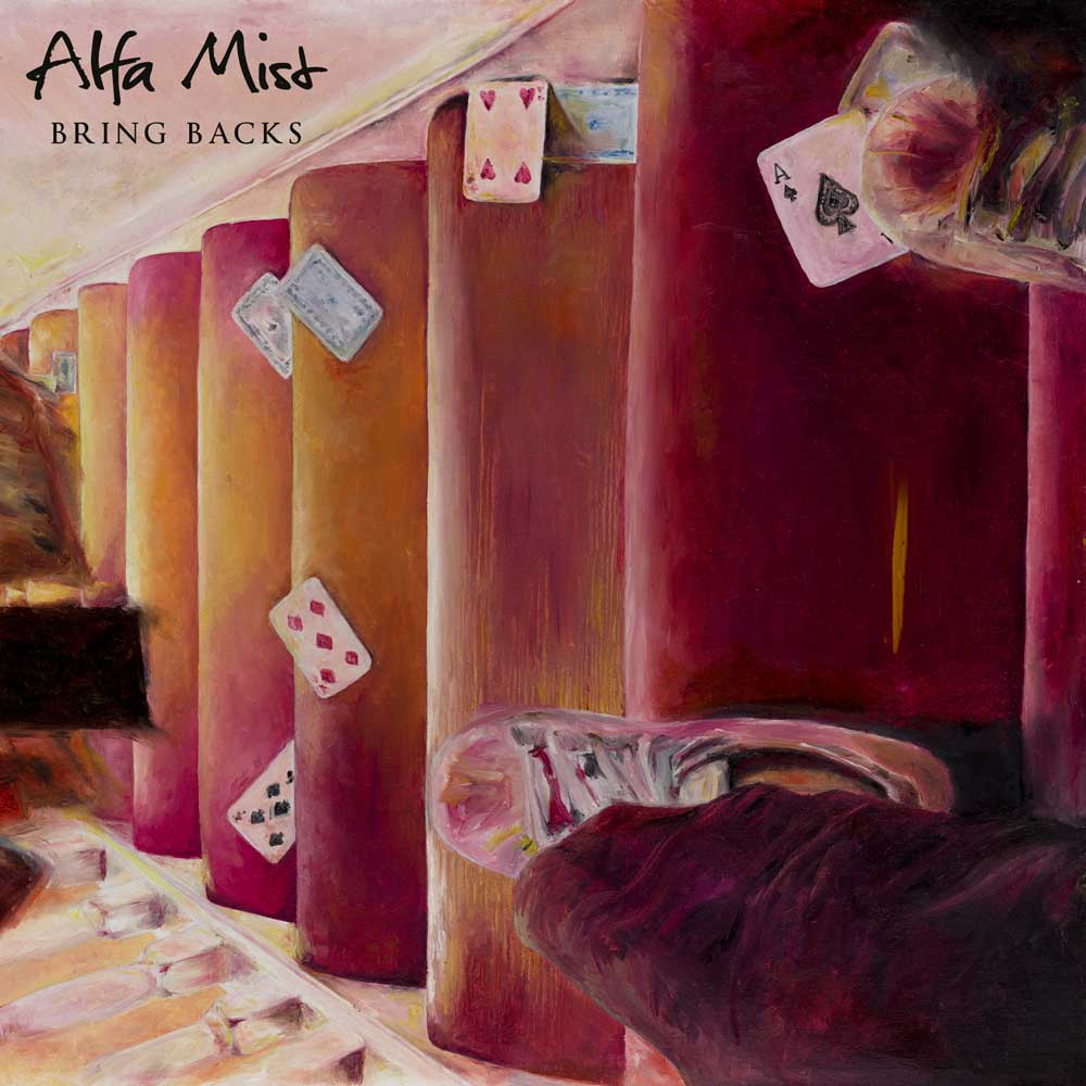 Alfa Mist - Bring Backs (Vinyl LP) Record album cover showing an artistic depiction of aeroplane seats with playing cards attached, titled 'Alfa Mist Bring Backs'.