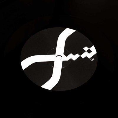 Alva Noto - Xerrox Vol. 1 (Vinyl 2LP) A vinyl record label with a minimalist white geometric Xerrox Vol. 1 logo on a black disc, photographed against a dark background.