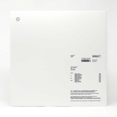 Alva Noto - Xerrox Vol. 5 (Vinyl 2LP). The back cover of a white square vinyl record cover features black printed tracklist text, a barcode, and the Xerrox logo, set against a clean white background.
