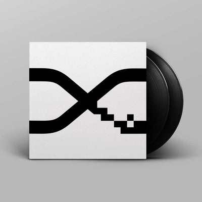 Alva Noto - Xerrox Vol. 1 (Vinyl 2LP) A vinyl record partially pulled from its sleeve, showing a minimalist black-and-white Xerrox Vol. 1 abstract logo on the cover against a light gray background.