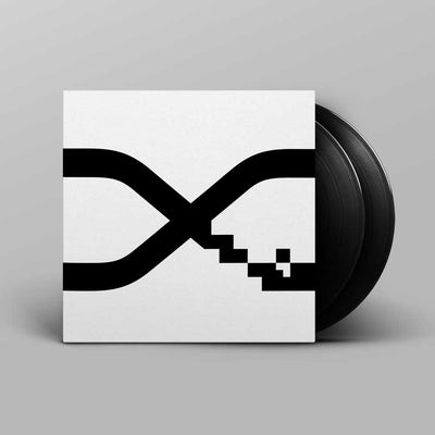 Alva Noto - Xerrox Vol. 5 (Vinyl 2LP) A vinyl record partially pulled from a square album sleeve with a minimalist black-and-white graphic design, shown on a light gray background.