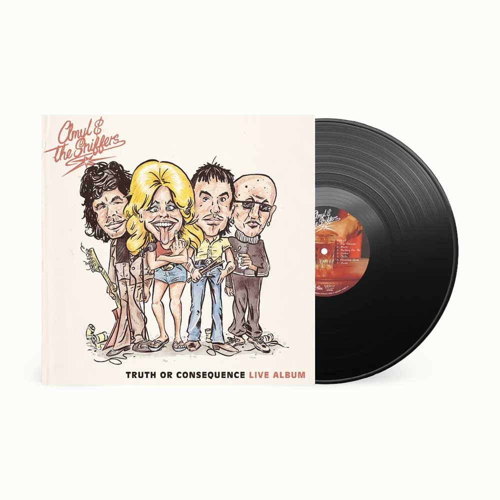 Amyl and The Sniffers - Truth or Consequence (Vinyl LP) Vinyl record album cover for 'Truth or Consequence Live Album' by Amyl and The Sniffers, showing the illustrated album cover on the left and the black LP record partially pulled out on the right against a light gray background.