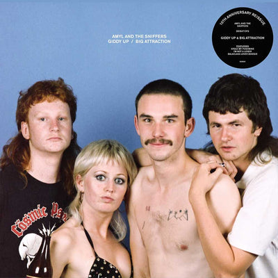 Amyl and The Sniffers Album cover with four band members and text 'Amyl and the Sniffers Giddy Up / Big Attraction' on a blue background.