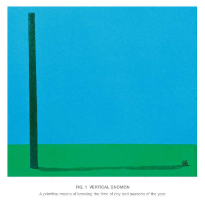 Arab Strap - Half-Told Tales (Vinyl 2LP Gatefold) A minimalist art print titled 'FIG. 1 VERTICAL GNOMON' showing a tall dark vertical post on a green ground against a bright blue sky, with a small shadow and a small dark object at the base.
