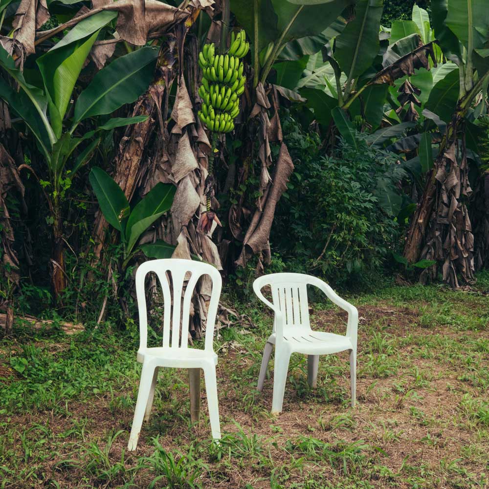 Bad Bunny - Debí Tirar Más Fotos (Vinyl 2LP Opaque White) record album cover showing two white plastic chairs in a lush green outdoor setting with banana trees.