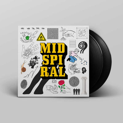 BadBadNotGood - Mid Spiral - (Vinyl 2LP) A vinyl record partially pulled from its album cover, which reads 'MID SPIRAL' in large yellow letters. The cover is white with black doodles and small colorful illustrations, and the record itself is black.
