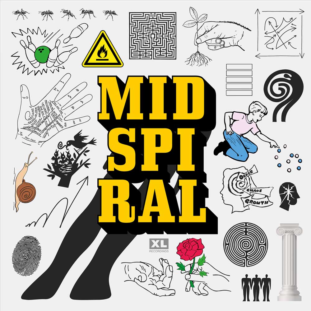 BadBadNotGood - Mid Spiral - (Vinyl 2LP) An album cover featuring the title 'MID SPIRAL' in bold yellow letters on a black silhouette. The background is light grey and decorated with various hand-drawn black and white illustrations, including a snake, a maze, a warning sign, and a red rose.