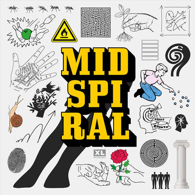 BadBadNotGood - Mid Spiral - (Vinyl 2LP) An album cover featuring the title 'MID SPIRAL' in bold yellow letters on a black silhouette. The background is light grey and decorated with various hand-drawn black and white illustrations, including a snake, a maze, a warning sign, and a red rose.
