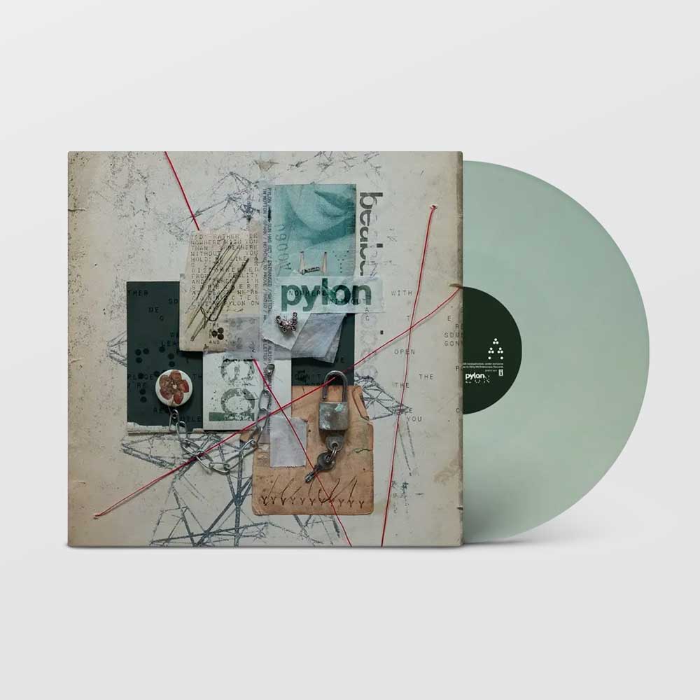 beabadoobee - Pylon (Vinyl LP Sea Foam) A vinyl record album shown with its illustrated outer cover and a translucent pale mint green record partially pulled out. The cover features collage-style artwork with the word 'pylon' visible on the front and center label.