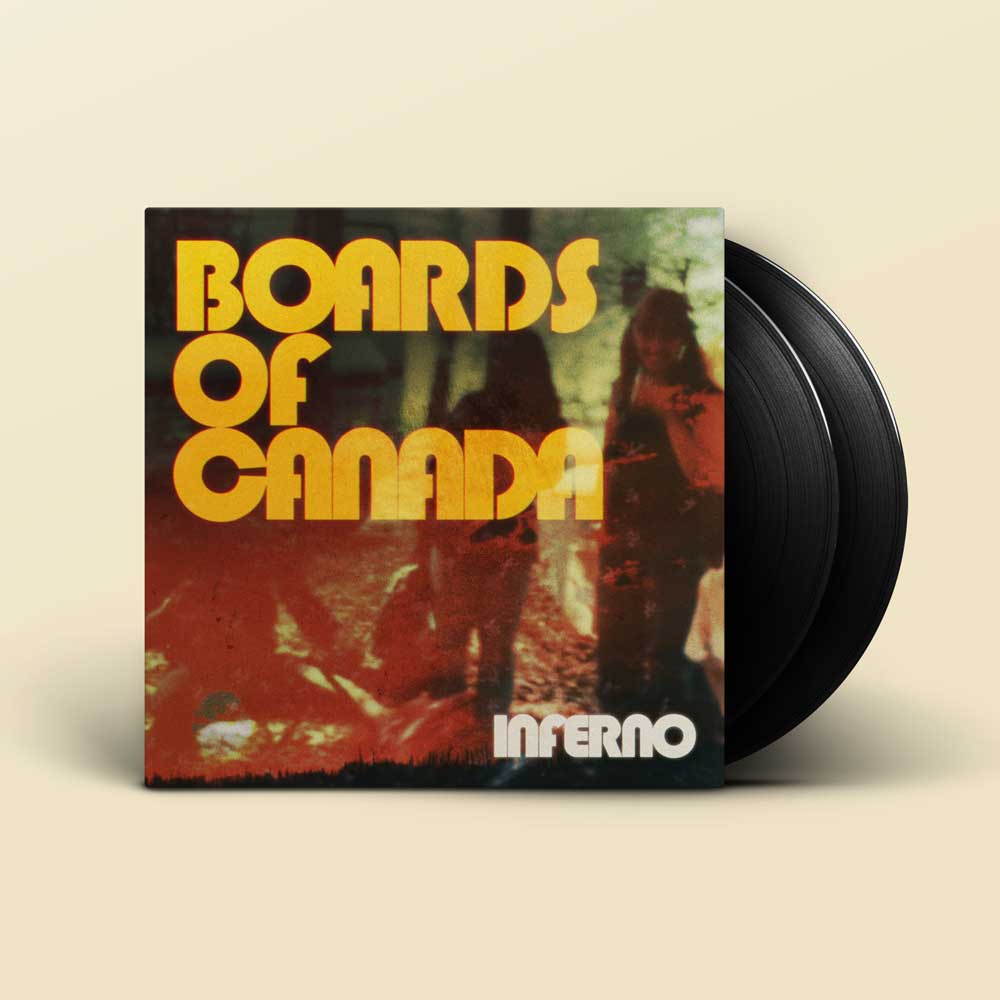 Boards of Canada - Inferno (Vinyl 2LP) A vinyl record partially pulled from its sleeve, showing the album cover for Boards of Canada's 'Inferno' on a light beige background.