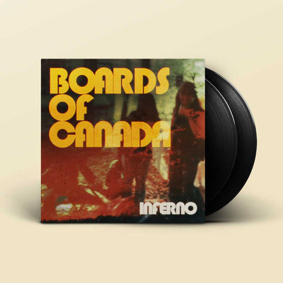 Boards of Canada - Inferno (Vinyl 2LP) A vinyl record partially pulled from its sleeve, showing the album cover for Boards of Canada's 'Inferno' on a light beige background.