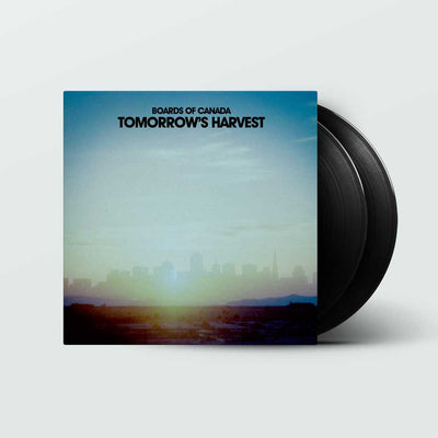 Boards of Canada - Tomorrows Harvest (Vinyl 2LP) A vinyl record partially pulled from its sleeve, showing the album cover for Boards of Canada's 'Tomorrow's Harvest' against a light gray background.