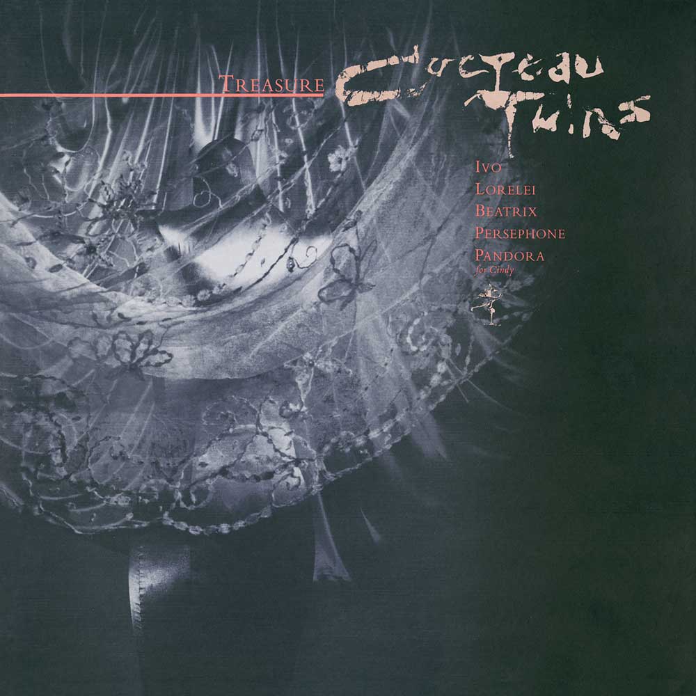 Album cover for 'Treasure' by the band 'Cocoon Twins', featuring a dark, moody illustration of a woman in a lace dress with a glowing face, set against a dark green background with tracklist text on the right.
