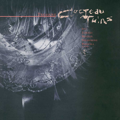 Album cover for 'Treasure' by the band 'Cocoon Twins', featuring a dark, moody illustration of a woman in a lace dress with a glowing face, set against a dark green background with tracklist text on the right.