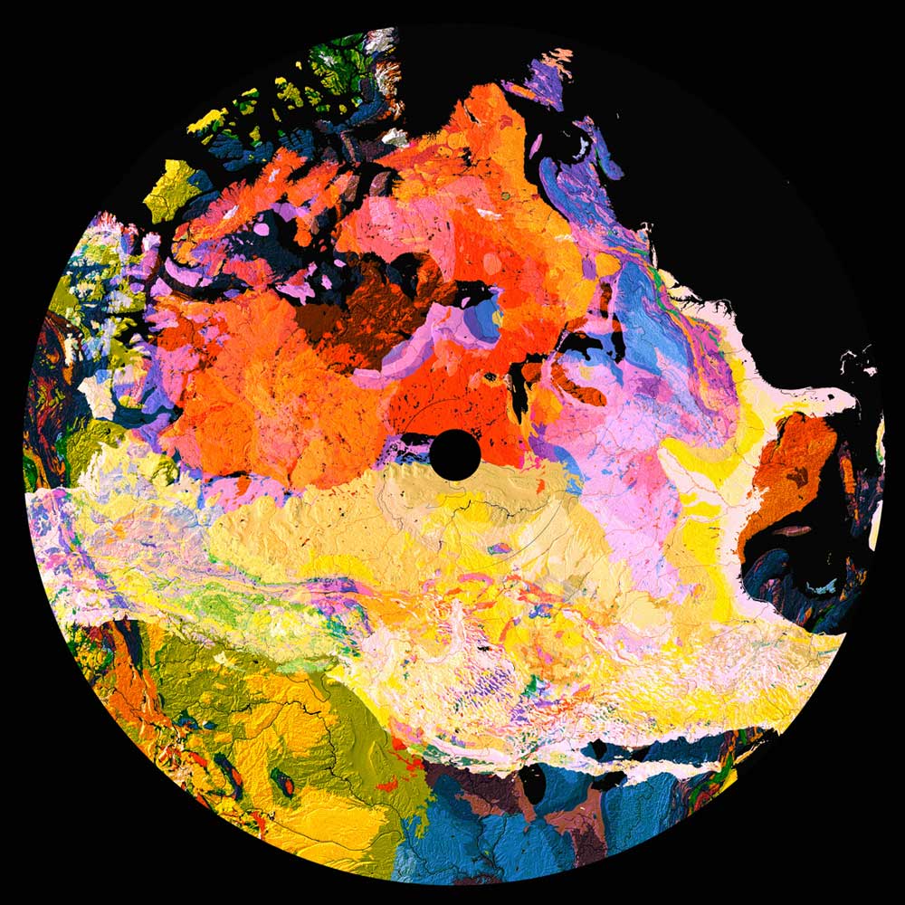Crooked Colours - Langata (Vinyl LP) Abstract circular artwork for cover album artwork for 'Crooked Colours - Langata' with a black center and a vivid multicolor painted surface featuring orange, yellow, pink, blue, green, and purple brushstrokes on a black background.
