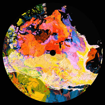 Crooked Colours - Langata (Vinyl LP) Abstract circular artwork for cover album artwork for 'Crooked Colours - Langata' with a black center and a vivid multicolor painted surface featuring orange, yellow, pink, blue, green, and purple brushstrokes on a black background.