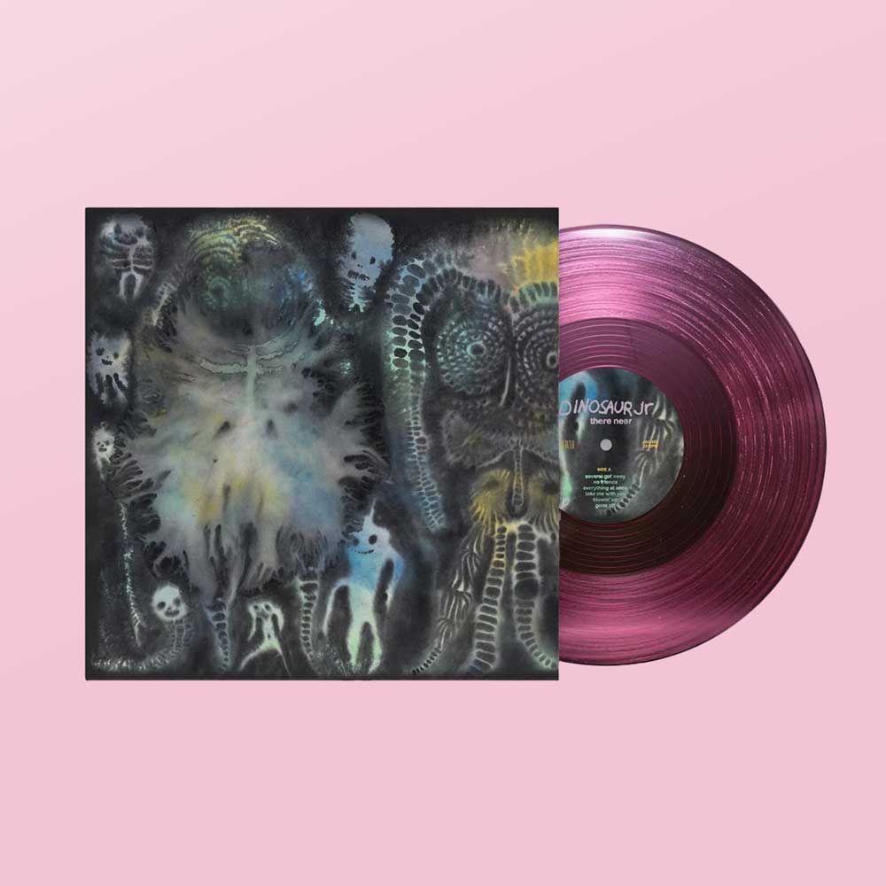 Dinosaur Jr. - There Near (Vinyl LP Clear Pink) Vinyl record album shown with its illustrated cover sleeve and a translucent pink-purple record partially visible, set against a solid pink background. The centre label reads 'Dinosaur J' There Near.