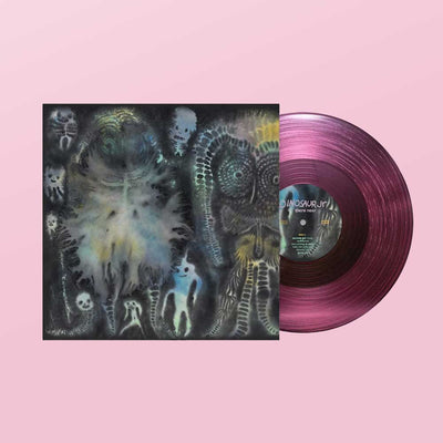 Dinosaur Jr. - There Near (Vinyl LP Clear Pink) Vinyl record album shown with its illustrated cover sleeve and a translucent pink-purple record partially visible, set against a solid pink background. The centre label reads 'Dinosaur J' There Near.