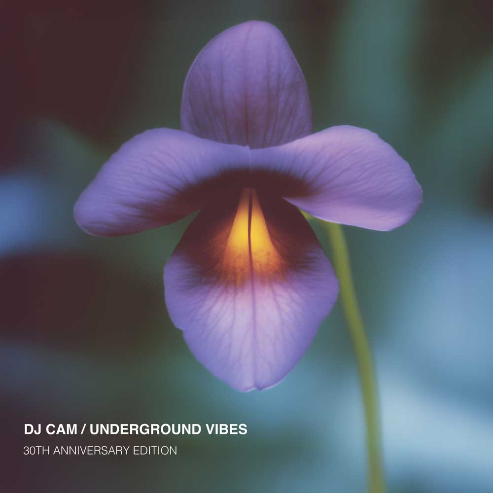 DJ Cam - Underground Vibes 30th Anniversary Edition (Vinyl LP 180g) record album cover showing a close-up of a purple flower with a blurred background and text overlay.