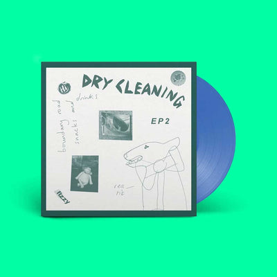 Dry Cleaning - Boundary Road Snacks and Drinks + Sweet Princess (Vinyl Clear Blue) A vinyl record album titled 'DRY CLEANING EP2' with a white cover featuring black text and sketches, shown with a translucent clear blue vinyl record sliding out of its sleeve