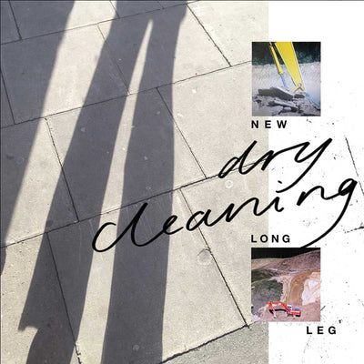 Dry Cleaning - New Long Leg (Vinyl LP). A square RECORD ALBUM COVER with a split design: the left side shows long shadows cast across grey paving stones, and the right side is white with black text reading 'DRY CLEANING - NEW LONG LEG' and two small inset photos. 
