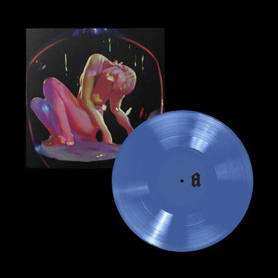 Fontaines D.C. - Dopamine Chamber (Vinyl LP Blue Marble) A translucent blue vinyl record partially overlapping an illustrated album cover on a black background. The cover shows a stylized nude figure in pink, peach, and purple tones inside a circular frame.