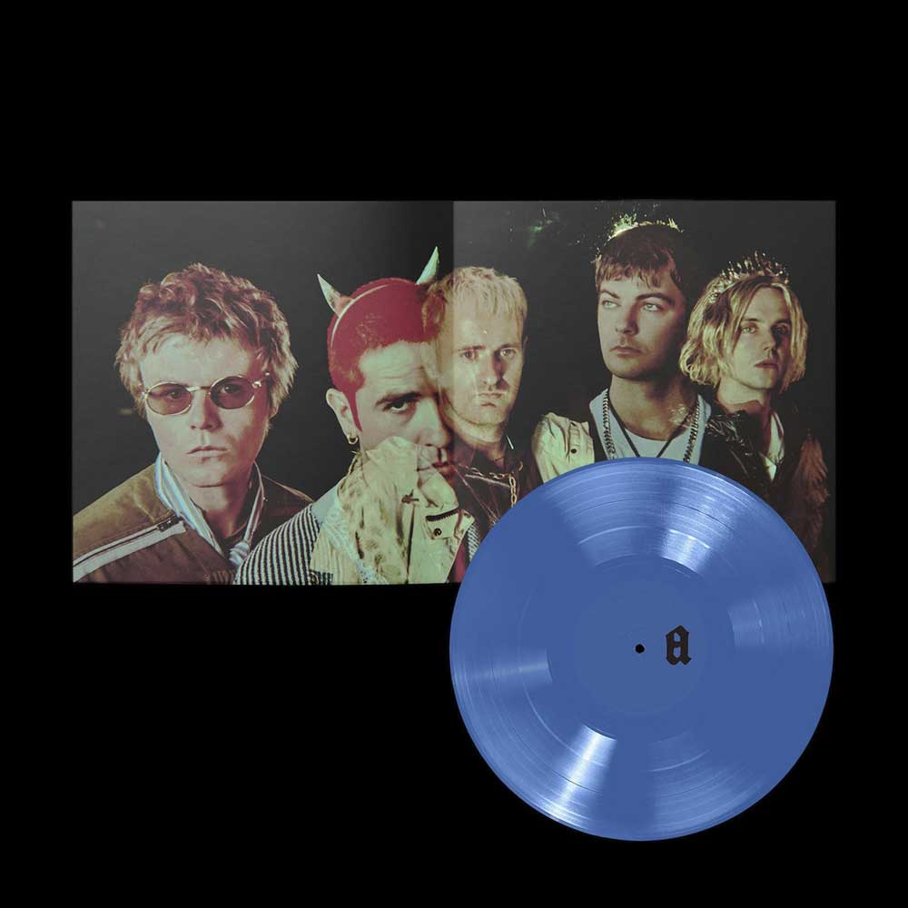 Fontaines D.C. - Dopamine Chamber (Vinyl LP Blue Marble) A vinyl record package shown on a black background, featuring a square album cover with a band portrait and a large translucent blue record in front. The center label has a small black letter 'A'.
