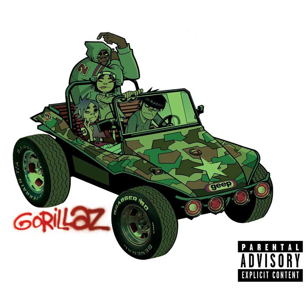 Gorillaz- Gorillaz (Vinyl 2LP - 3 Colour Limited Edition Hand Pressed) Record album cover with a cartoon-style green jeep and characters, featuring 'Gorillaz' and 'Parental Advisory' labels.