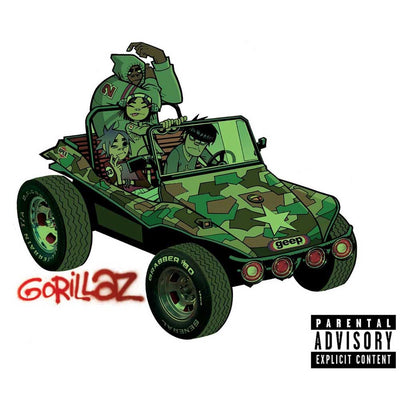 Gorillaz- Gorillaz (Vinyl 2LP - 3 Colour Limited Edition Hand Pressed) Record album cover with a cartoon-style green jeep and characters, featuring 'Gorillaz' and 'Parental Advisory' labels.