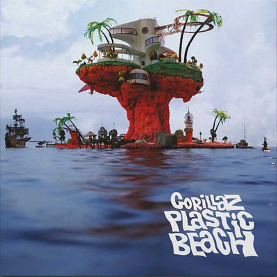 Gorillaz - Plastic Beach (Vinyl LP Blue, Green & Orange, Limited Edition 1/2 Speed Master) Gorillaz 'Plastic Beach' album cover artwork featuring a surreal red island with palm trees, a white building, and ships in the water under a cloudy sky, with the Gorillaz 'Plastic Beach' logo in the lower right.