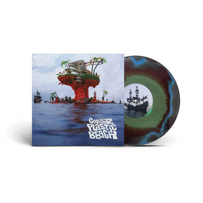 Gorillaz - Plastic Beach (Vinyl LP Blue, Green & Orange, Limited Edition 1/2 Speed Master) Gorillaz - Plastic Beach vinyl record album with the illustrated square cover in front and the marbled green, blue, and dark brown vinyl disc partially visible behind it on a white background.