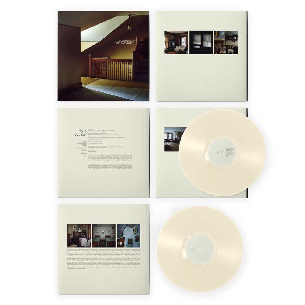 Grizzly Bear - Yellow House (Vinyl 2LP Cream White) Vinyl record album shown in a clean flat-lay layout on a white background, including the outer cover, inner sleeves with printed text and photos, and two translucent pale cream records.