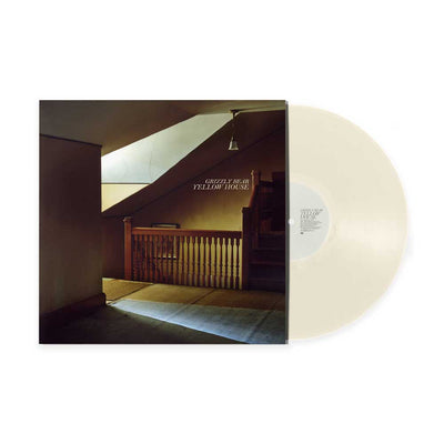 Grizzly Bear - Yellow House (Vinyl 2LP Cream White) Grizzly Bear's 'Yellow House' vinyl record album, featuring a cream-colored translucent record partially pulled from its illustrated sleeve, which depicts a staircase interior.