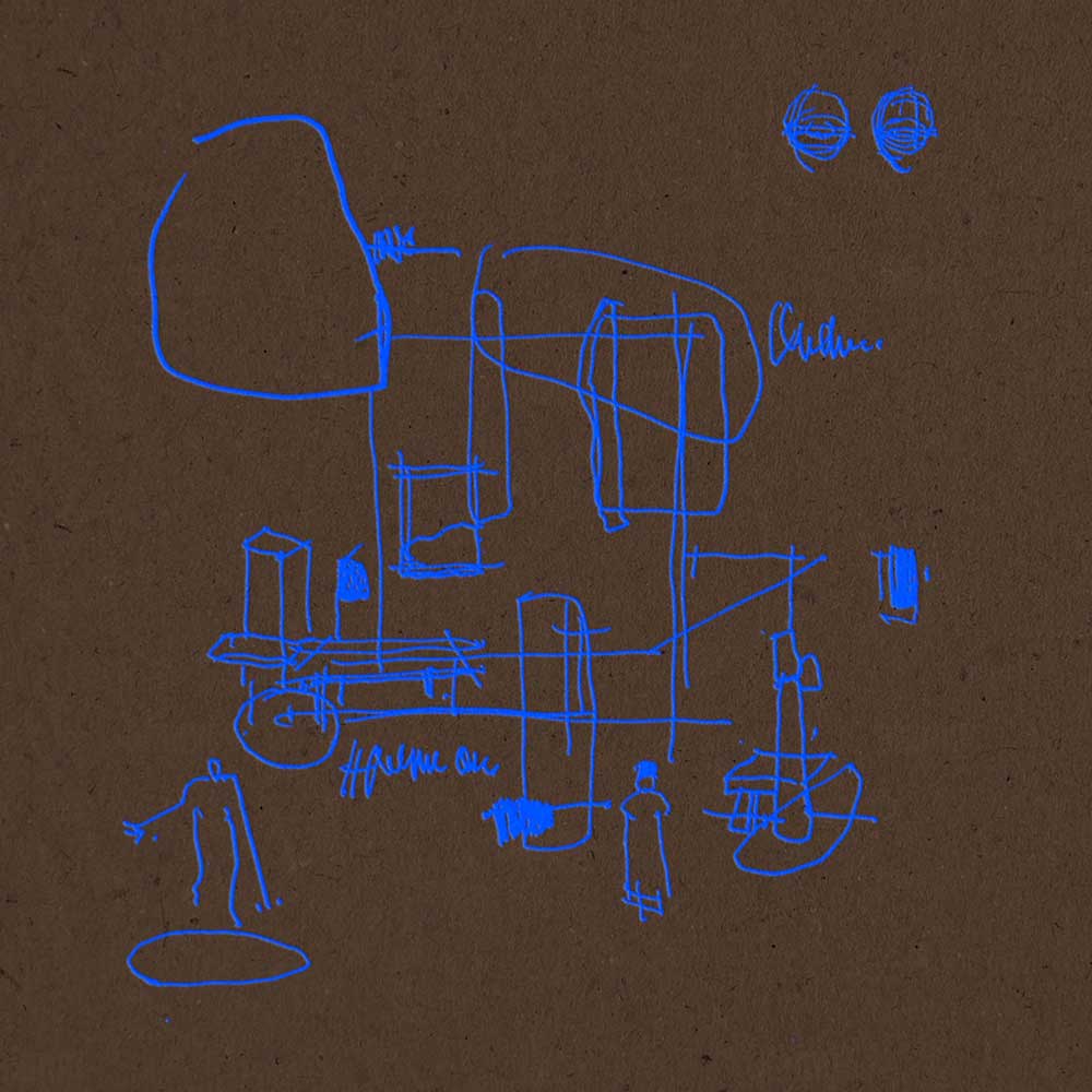 Hania Rani - On Giacometti (Vinyl LP) Record album cover featuring a brown textured canvas featuring abstract blue hand-drawn sketches and scribbles, including a large organic shape, circular forms, and line-drawn objects.