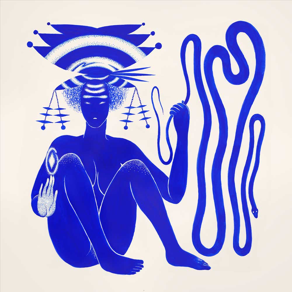 Hiatus Kaiyote - Love Heart Cheat Code (Vinyl LP Blue & White Marbled) A stylized blue illustration of a seated human figure with a curved hat or headdress, holding a long snake-like form, on an off-white background.